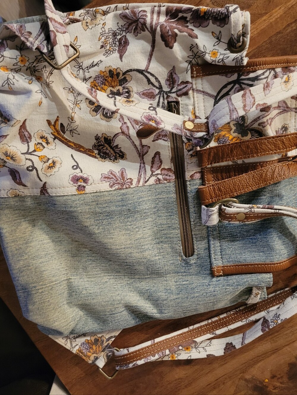 Myra Bag NWT Floral and Denim Canvas Medium Backpack Brown Leather Trim - Picture 11 of 12